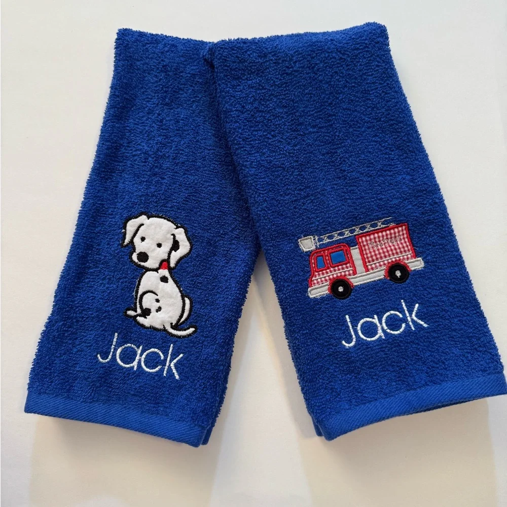 Personalized Blue Kids Hand Towel Set with Embroidered Firetruck and Dalmation